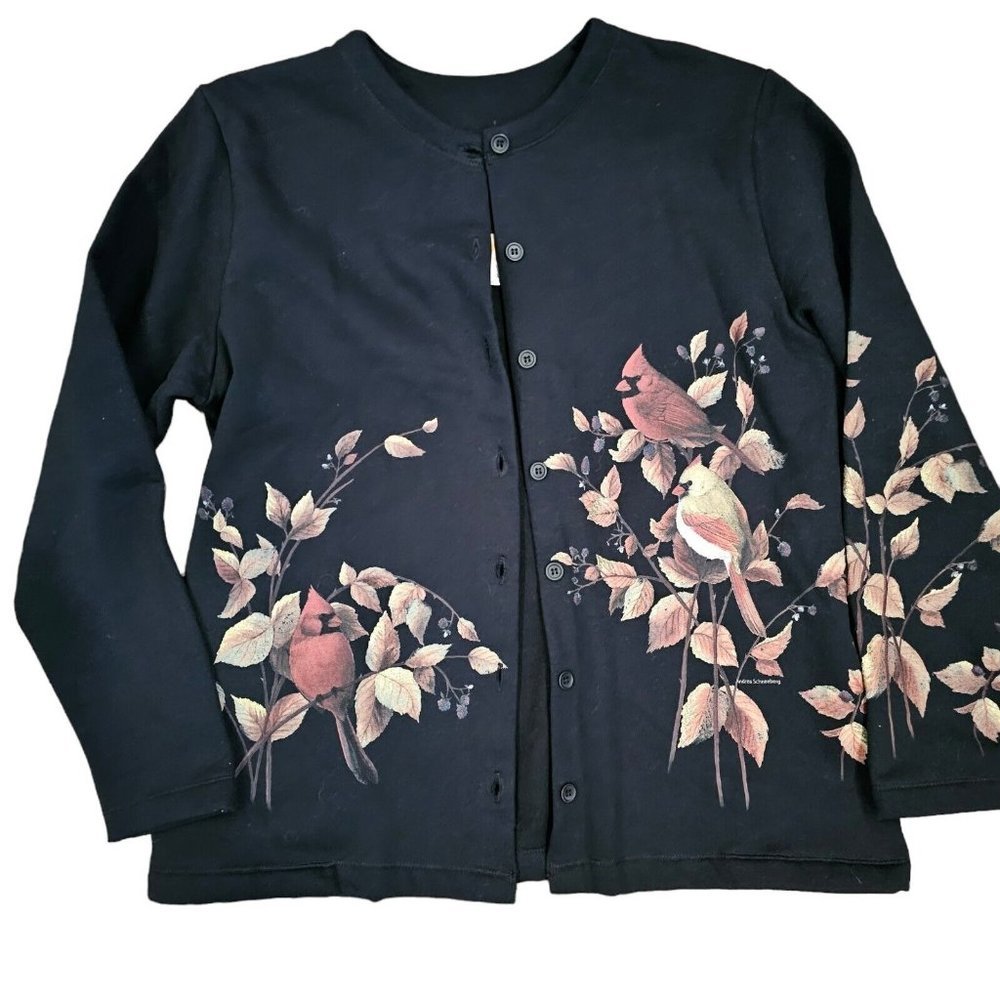 Birds Cardinal Winter Nature Button Up Sweatshirt Cardigan Black VTG 90s M/L